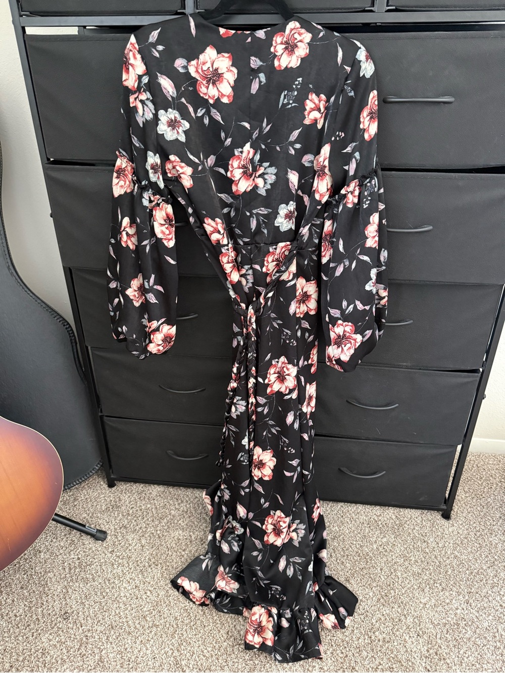 Misa Los Angeles Black Floral Wrap Maxi Dress with Pink Blossoms - Picture 2 of 4